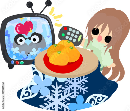 The cute illustration of winter and girls -relax with a kotatsu-