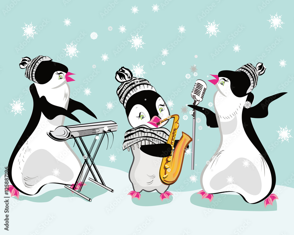 Fototapeta premium Series of cute penguins playing musical instruments. Christmas card.
