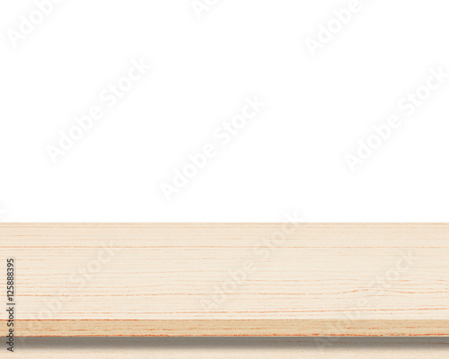 Empty wooden table top isolated on white background for product display montages