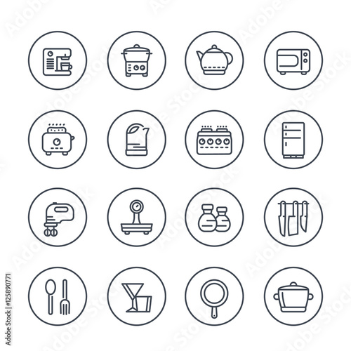 kitchen line icons in circles on white