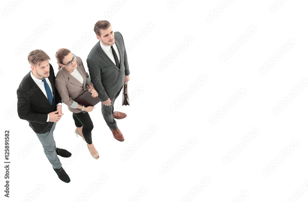 Happy business people looking at something  isolated on white