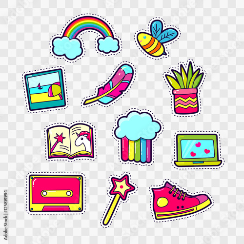 Set of Fashion patch badges with cute elements. Design for stick