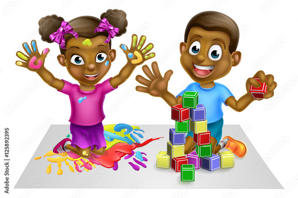 Cartoon Boy and Girl Playing