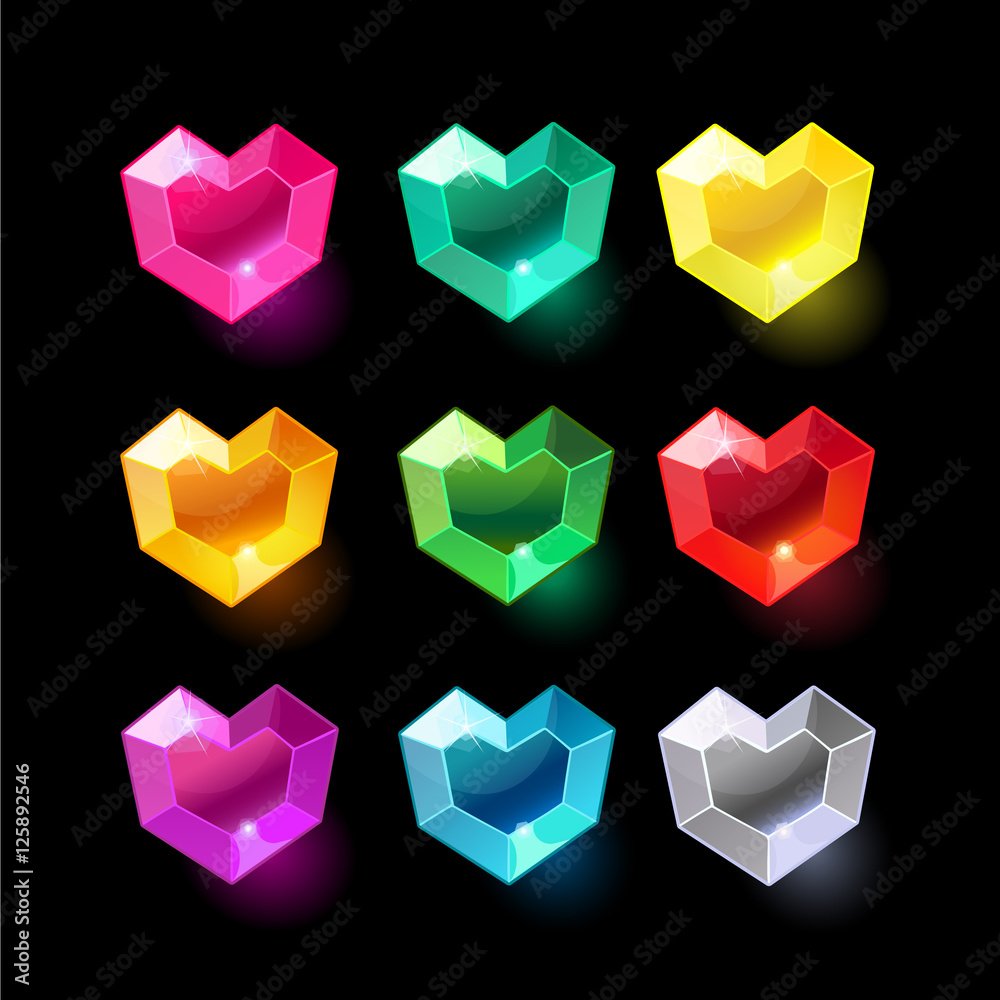 Set of cartoon heart different color crystals Set of cartoon heart different color crystals