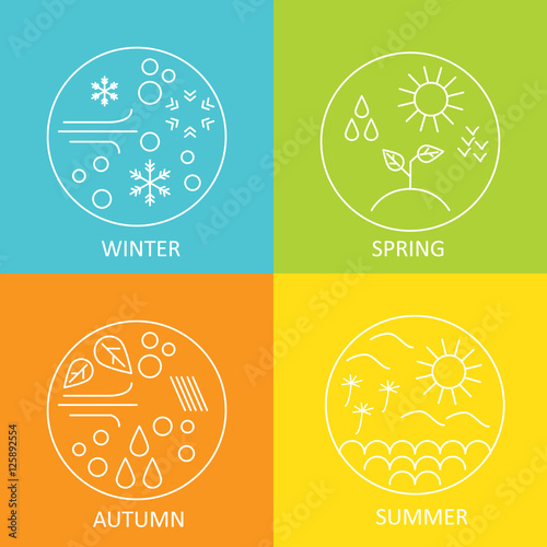 Seasons. The weather in winter, spring, summer and autumn. Round modern emblems weather all seasons. Vector illustration.