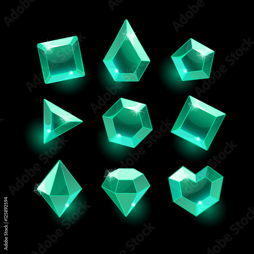Set of cartoon green,emerald different shapes crystals
