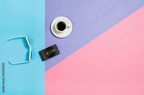 Flat lay photo of a business freelancer woman workspace desk with copy space background.