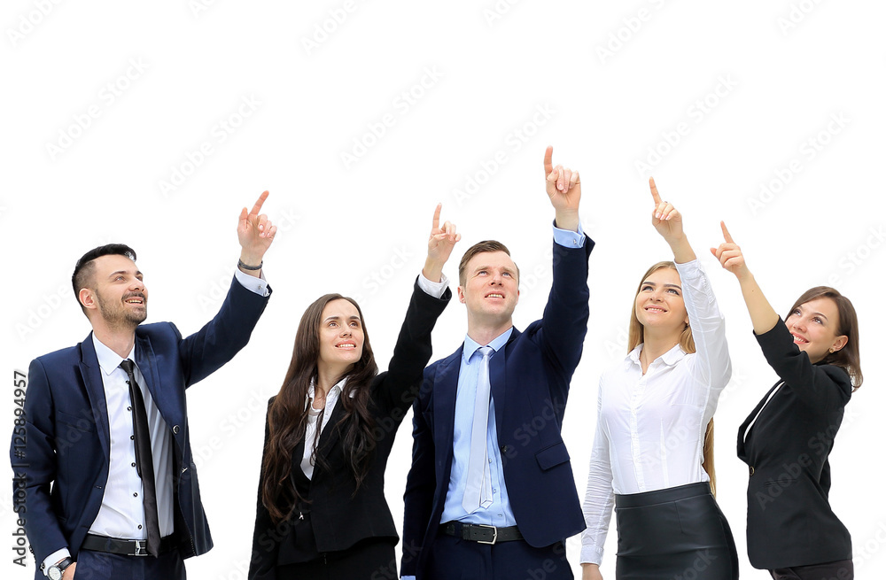 business people in a row pointing and looking up to copy space business people in a row pointing and looking up to copy space