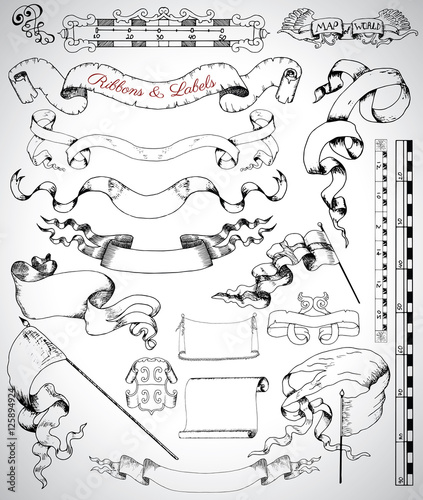 Design set with vintage banners and vignettes for cards, maps, posters