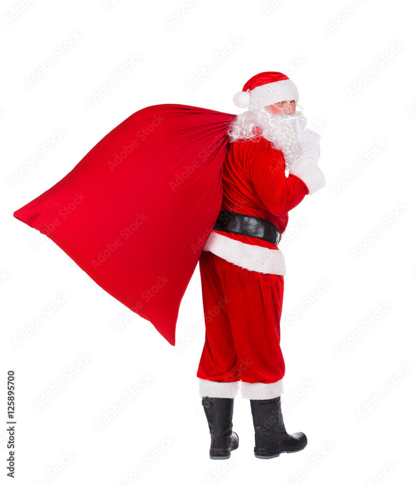 Santa Claus with Christmas gifts bag isolated on white background Santa Claus with Christmas gifts bag isolated on white background