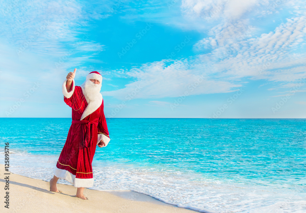 Santa Claus walking at beach thumbs up gesturing, Christmas concept Santa Claus walking at beach thumbs up gesturing, Christmas concept