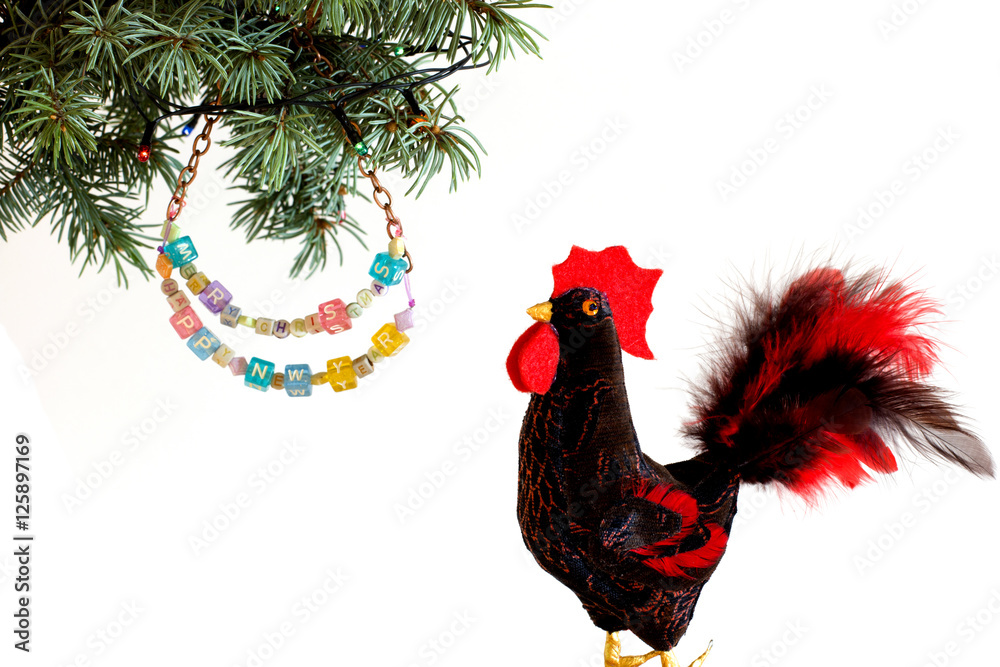 Naklejka Happy New Year 2017 of rooster card with hand made craft red rooster and beaded letter garland and lights on Christmas tree branch isolated on white background. Copyspace place for text and logo.