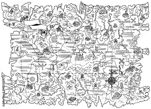 Black and white illustration of pirate map of fantasy land