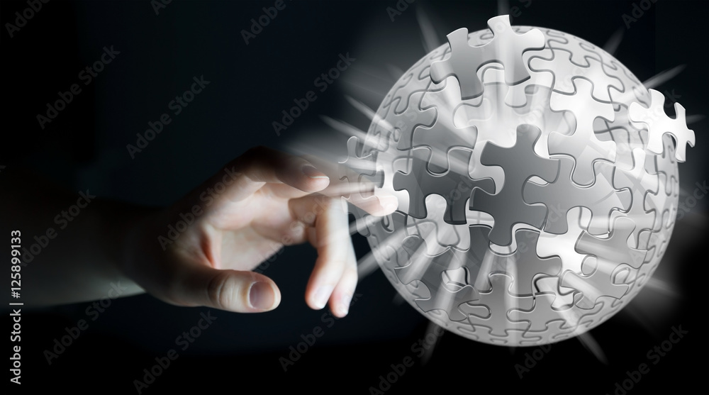 Businessman holding flying puzzle sphere 3D rendering Businessman holding flying puzzle sphere 3D rendering