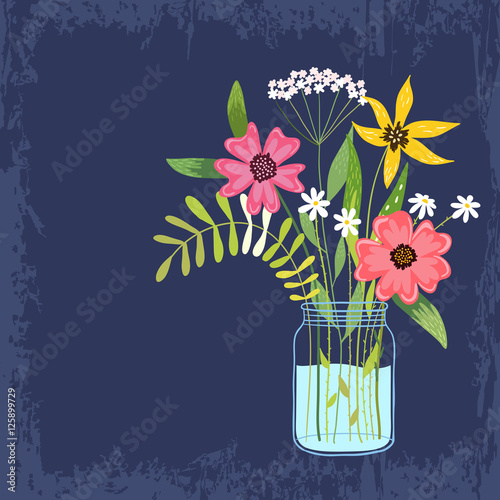 Bouquet of bright flowers and leaves in a glass jar. Textural background. Vector illustration.