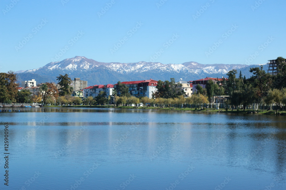 Lake with mountains in Batumi, Georgia