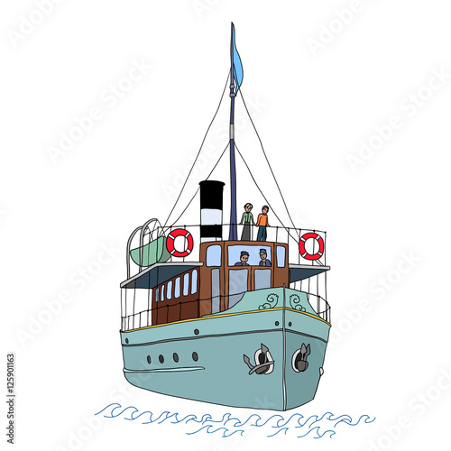 A small passenger ship (steamer). Color vector illustration on white background.