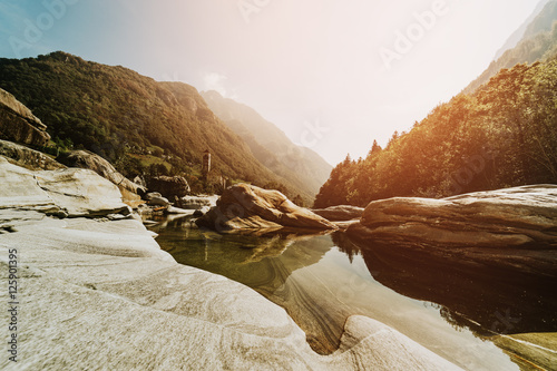 Double arch stone bridge at Ponte dei Salti with waterfall, Lavertezzo, Verzascatal, Canton Tessin