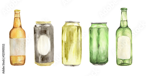 Watercolor beer set. Isolated beer bottles on white background.