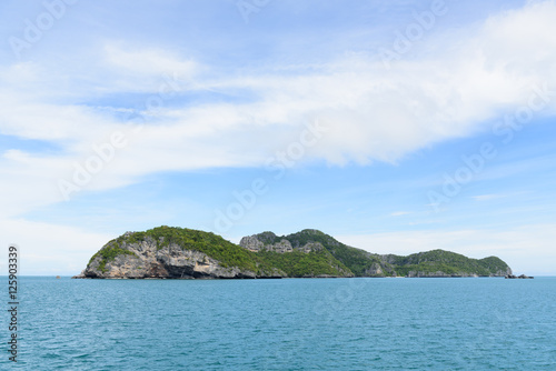 Summer seascape with green island and blue sky background © jcsmilly