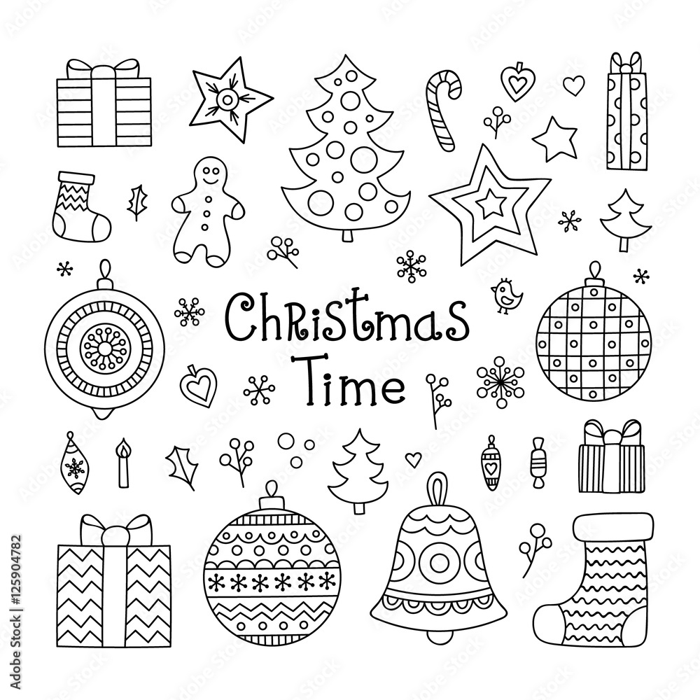 Christmas elements set. Vector hand drawn Christmas objects - ball ...