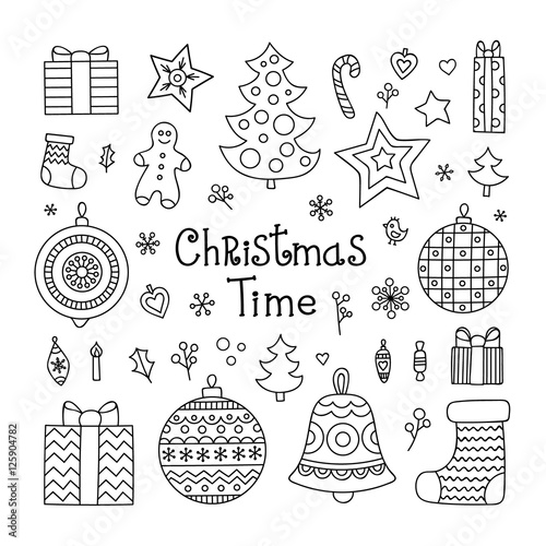 Christmas elements set. Vector hand drawn Christmas objects - ball, ball, snowflake, candy, gingerbread man, star, sock, heart, gift, christmas tree. Doodle winter elements for coloring page.