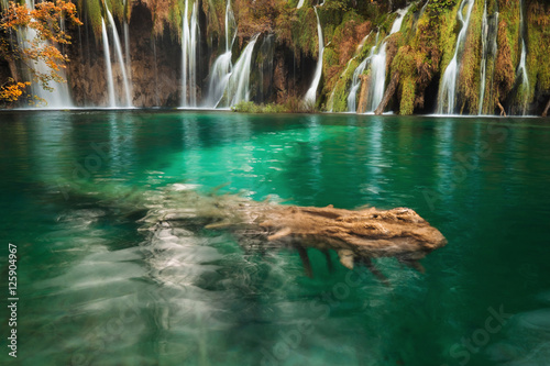 Plitvice forest lakes and waterfalls in autumn season