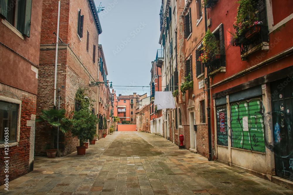 Street in Venice, decorated with flowers, in Italy
