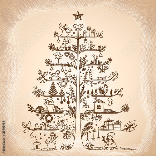 Cute vector illustration of a Christmas tree in retro style.