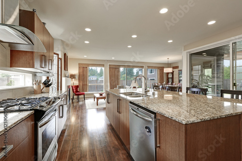 Bright modern open plan kitchen room interior