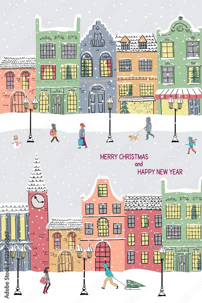 Christmas and New year card. Snowy town at holiday eve