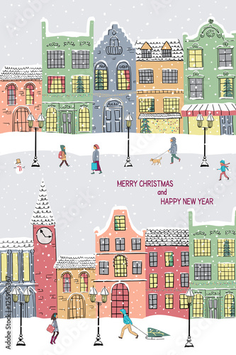 Christmas and New year card. Snowy town at holiday eve