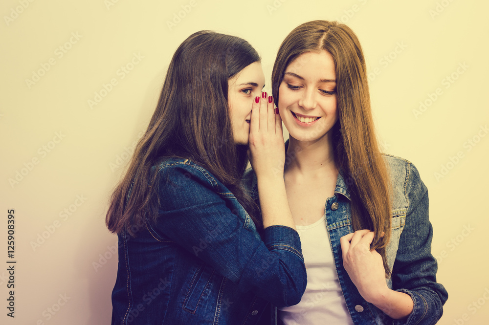 Two beautiful teenage girls sharing secrets on white background Two beautiful teenage girls sharing secrets on white background