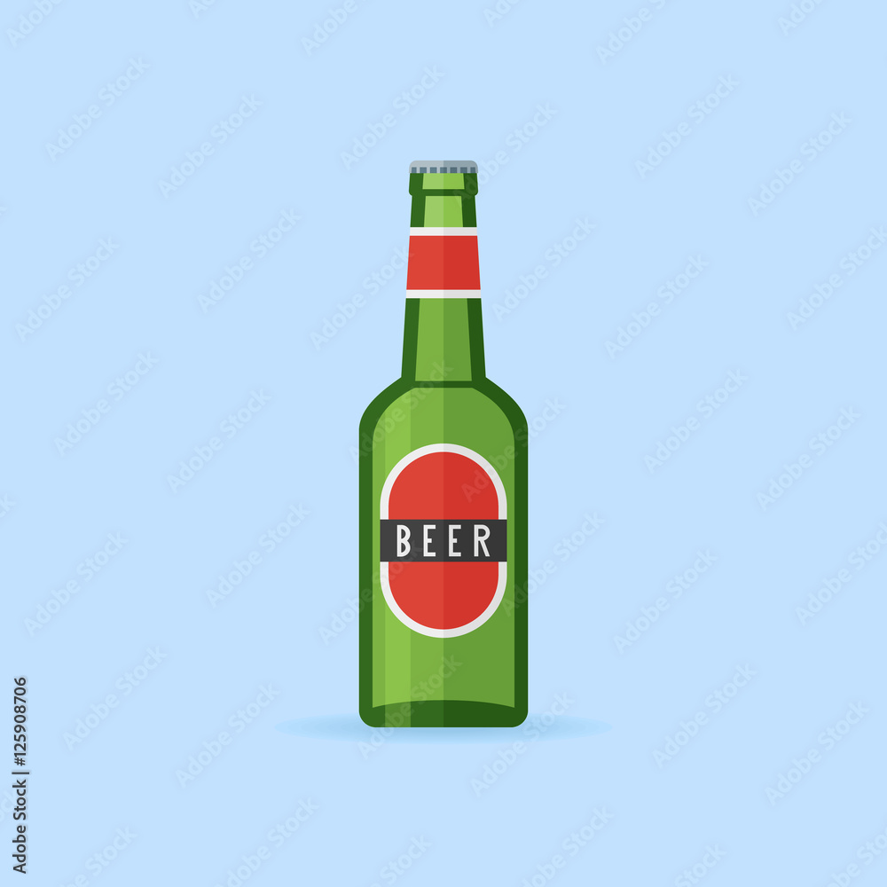 Green bottle of beer with label isolated on blue background. Flat style icon. Vector illustration. Green bottle of beer with label isolated on blue background. Flat style icon. Vector illustration.