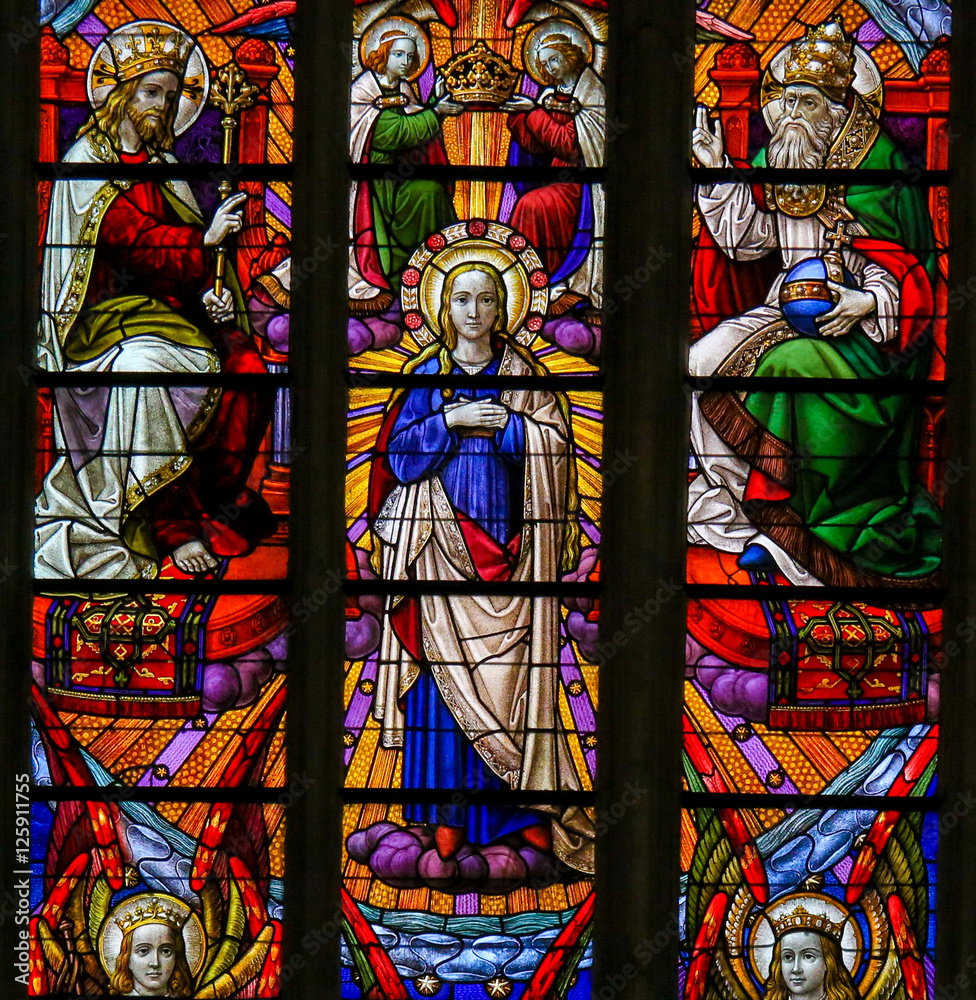 Stained Glass - Coronation of Mother Mary by the Holy Trinity Stained Glass - Coronation of Mother Mary by the Holy Trinity