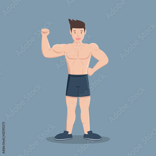 gym fitness muscular cartoon man on blue background
