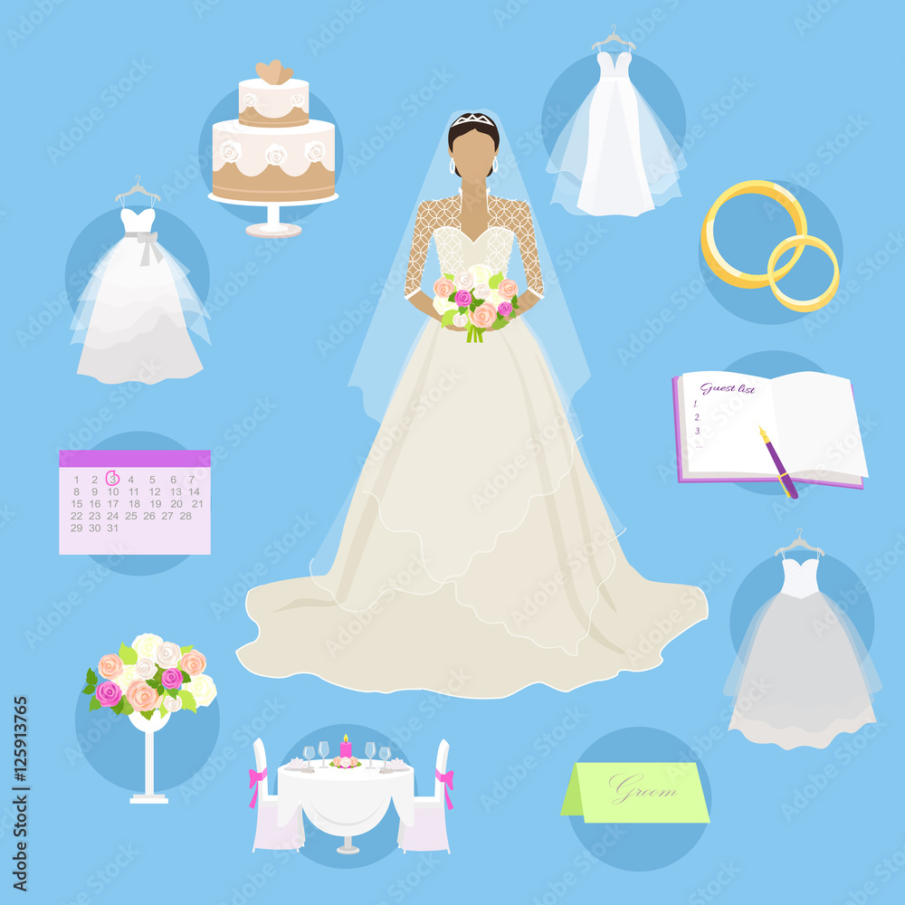 Wedding Elements in Round Buttons Marriage Concept Wedding Elements in Round Buttons Marriage Concept
