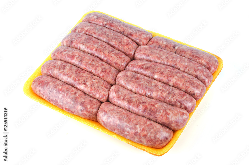 raw sausage in the container on white background raw sausage in the container on white background
