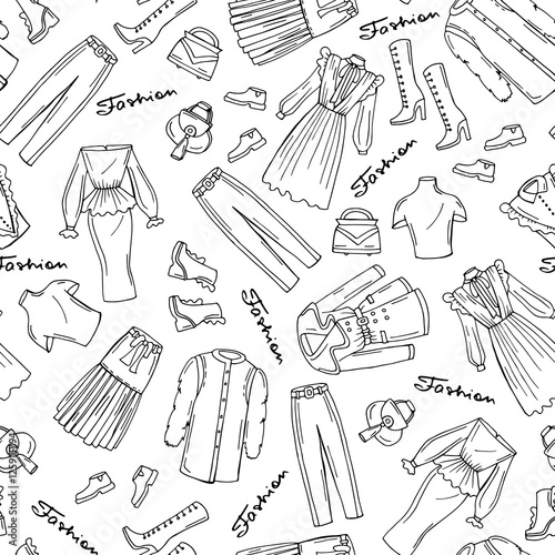 Pattern with hand drawn isolated fashionable clothes for women on white  color. Pattern on the theme of fashion