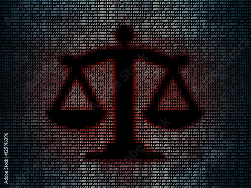 Balance in mosaic digital background. Concept of technology law or technology lawsuit