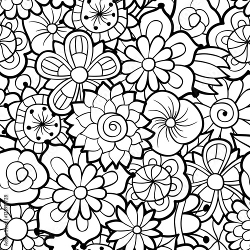 Black and white seamless floral pattern. Monochrome seamless background with flowers. Swatch included in swatch palette. Antistress coloring page for adults