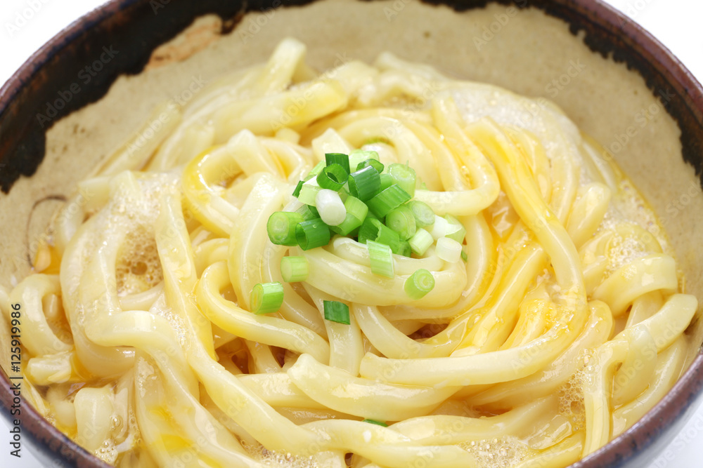 kamatama udon noodle, japanese food, boiled hot udon noodles with raw egg and soy sauce
kamatama udon noodle, japanese food, boiled hot udon noodles with raw egg and soy sauce