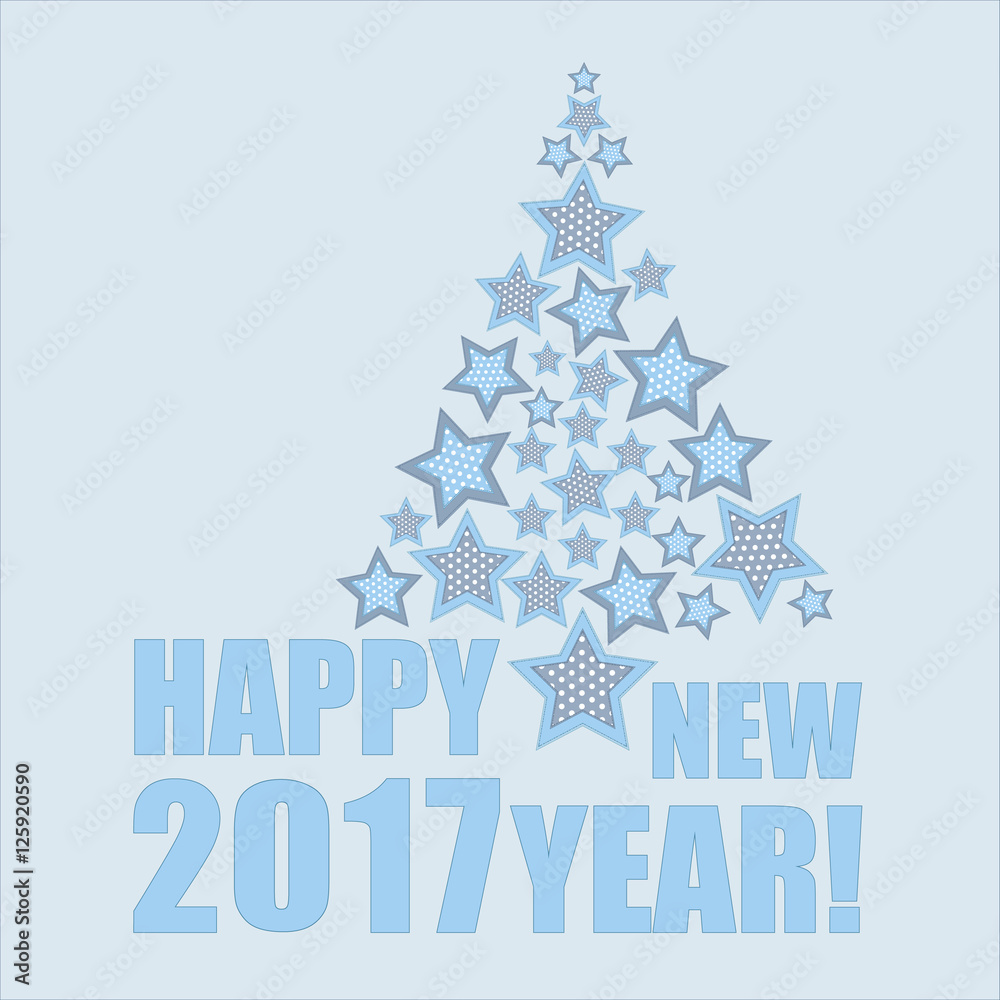 Greeting card with new 2017 year. On a blue background New Year tree consisting of stars. Title - 2017 new year. Stars in the form of a Christmas tree. Stars in blue and gray polka dots.