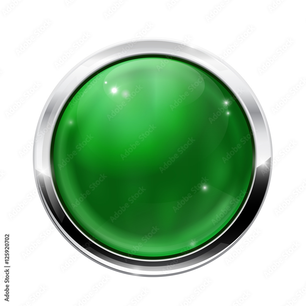 Round green button with chrome frame Round green button with chrome frame