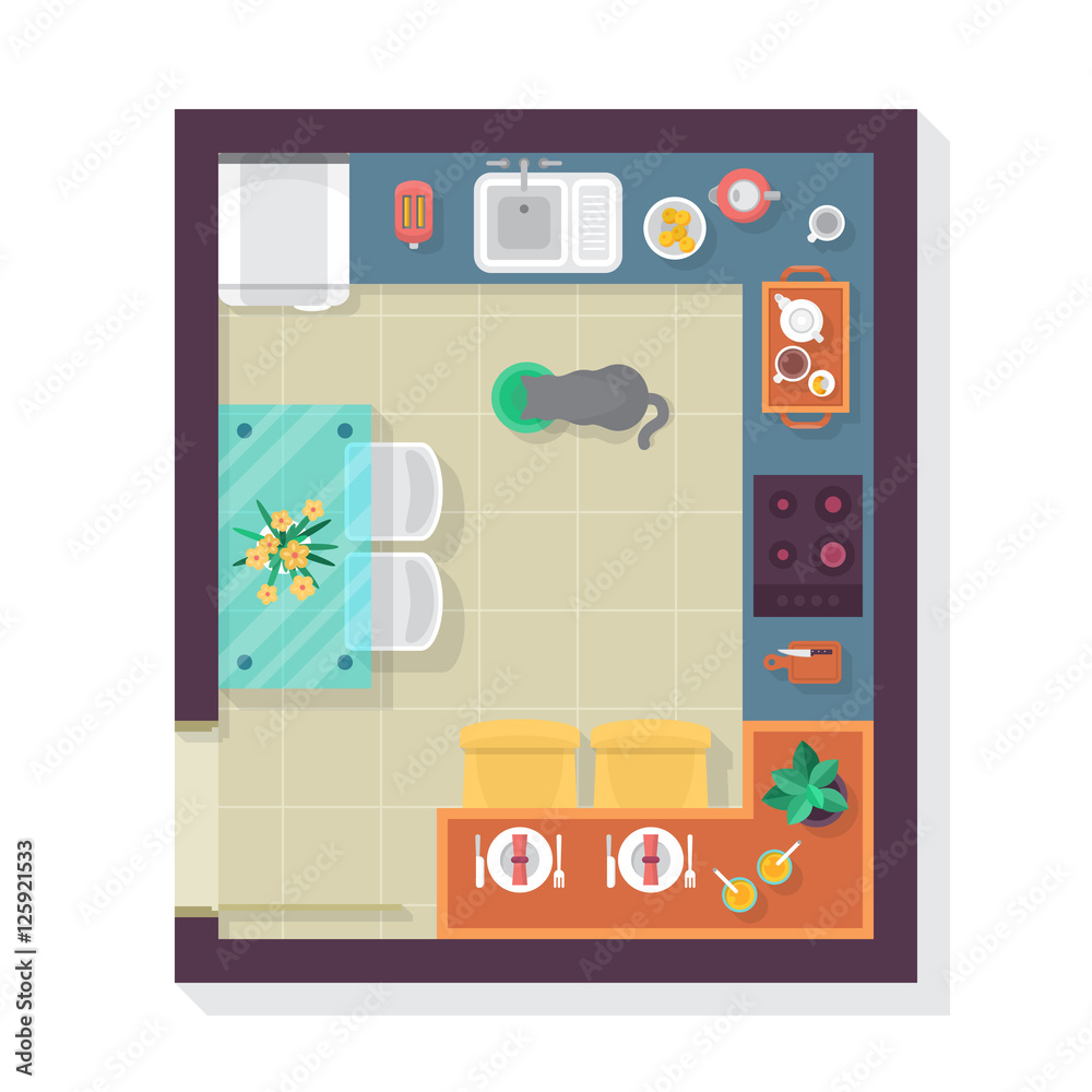 Kitchen floor plan top view. Furniture set for interior design. Stock