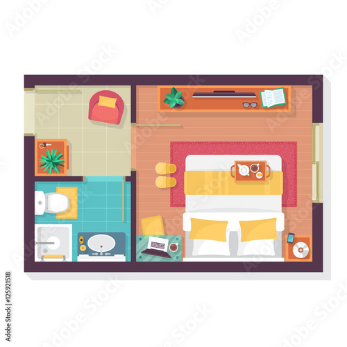 Bedroom and bathroom floor plan top view. Furniture set for inte