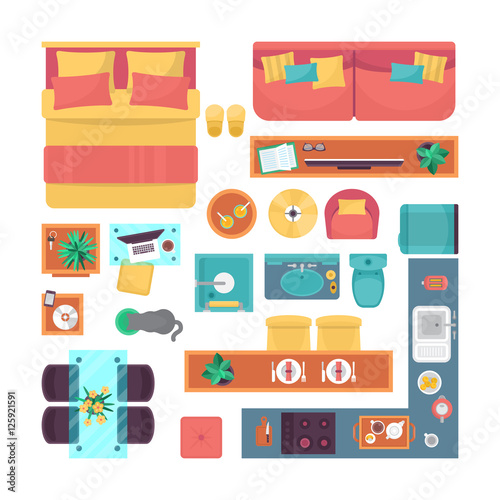 Furniture top view set for interior design. Isolated vector illu