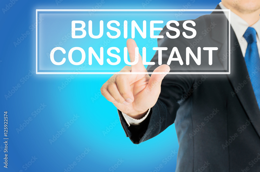 Business man is pushing BUSINESS CONSULTANT transparent button word over blue gradient background, business concept Business man is pushing BUSINESS CONSULTANT transparent button word over blue gradient background, business concept