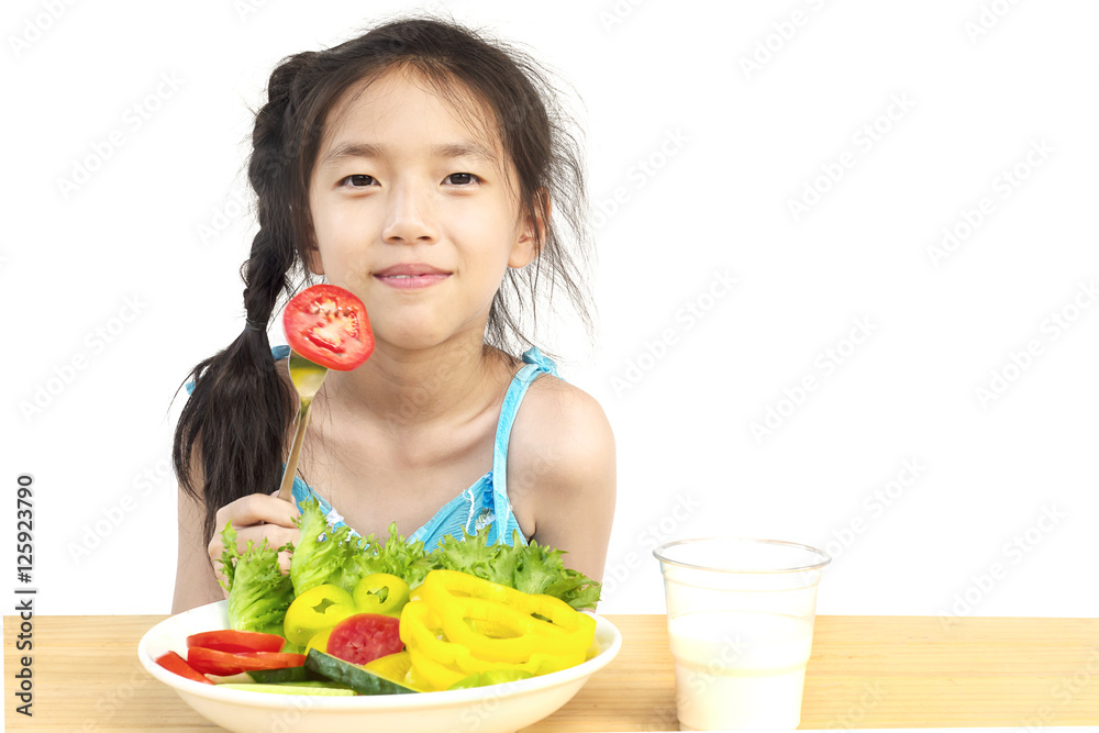 Asian lovely girl showing enjoy expression with fresh colorful vegetables and glass of milk isolated over white background Asian lovely girl showing enjoy expression with fresh colorful vegetables and glass of milk isolated over white background
