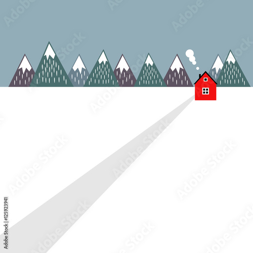 Cute scandinavian landscape with house and mountains. Geometric snowy mountains and home. Colorful Norway nature illustration. Vector mountains design.